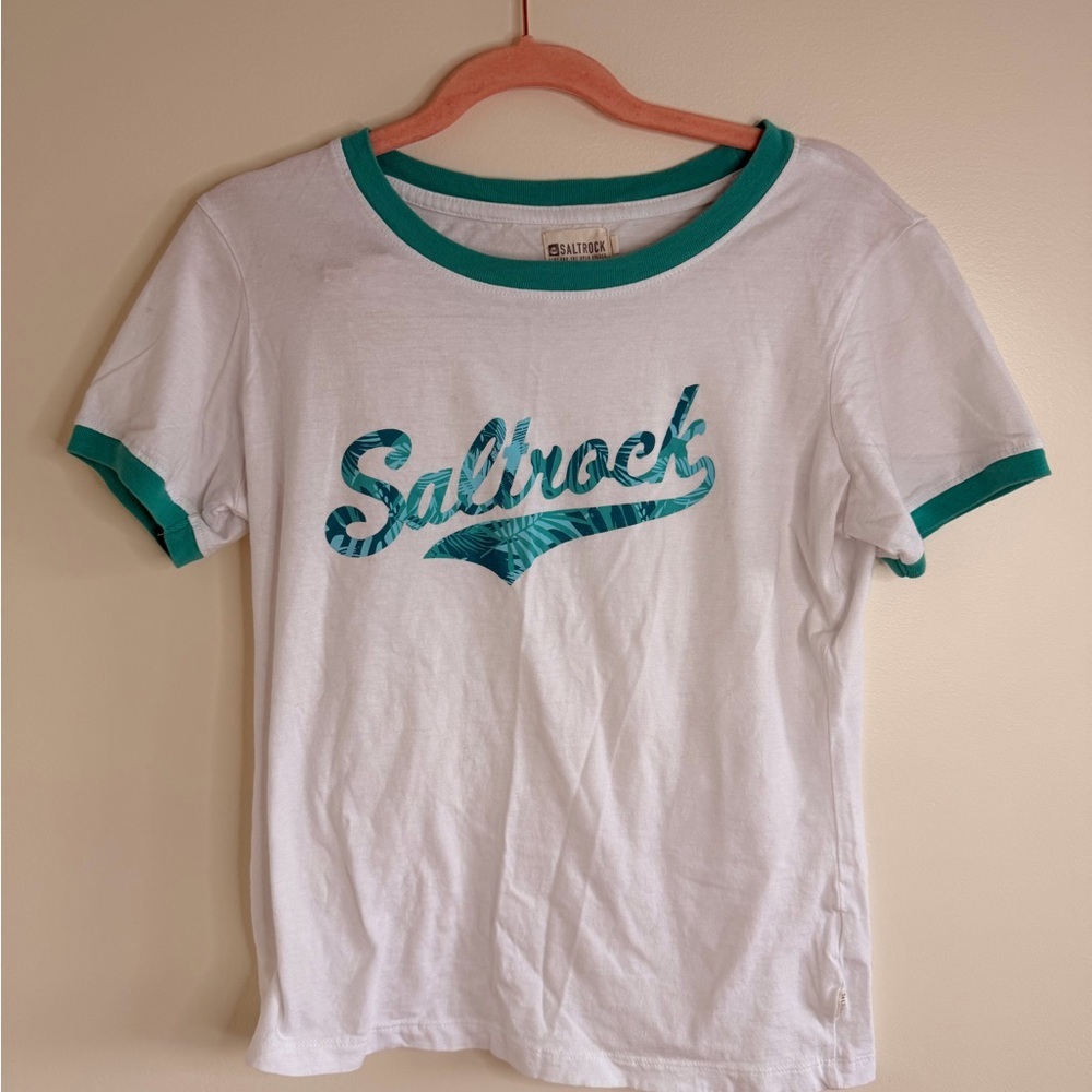 Women's White and Green Short Sleeve Tee
